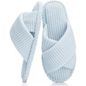 ⚡Women Blue Cotton Memory Foam Bedroom Corduroy Crossbands Open Toe Shoes